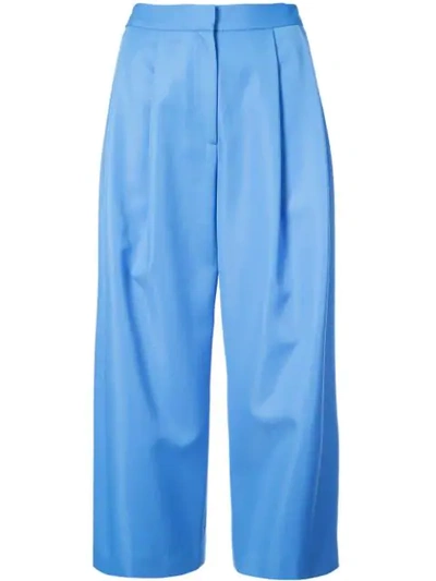 Adam Lippes Cropped Pleated Wool-blend Gabardine Culottes In Blue