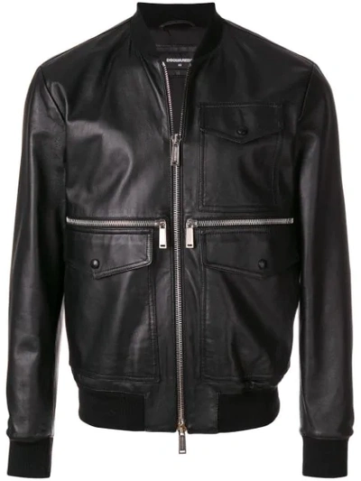 Dsquared2 Multi Pocket Zipped Leather Jacket In Black
