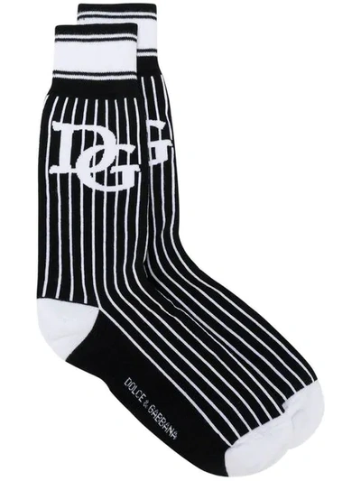 Dolce & Gabbana Black Striped Logo Socks In Nero Bianco