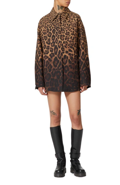 Valentino Leopard Print Ombré Wool & Silk Button-up Shirt In Brown