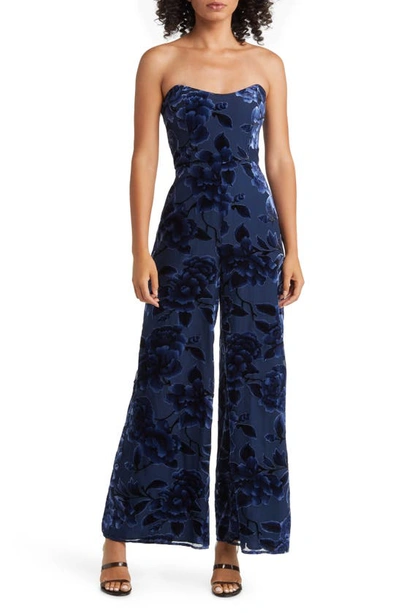 Hutch Sonnie Floral Velvet Burnout Strapless Jumpsuit In Blue