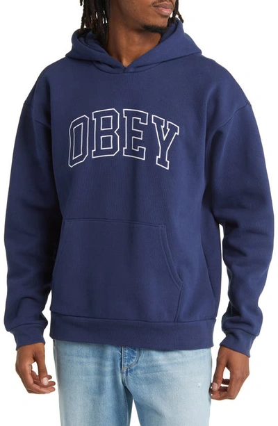Obey Institute Embroidered Extra Heavy Hoodie In Academy Navy