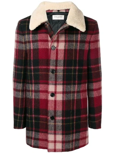 Saint Laurent Checked Trapper Jacket With Shearling Collar In Red,black,white