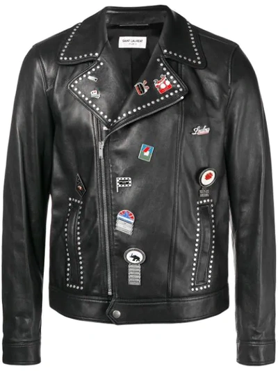 Saint Laurent Black Leather Jacket With Metal Studs And Pins