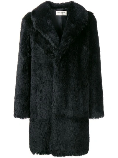Saint Laurent Raglan Coat In Faux Fur In Black