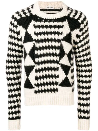 Saint Laurent Boxy Graphic Knit Sweater In White