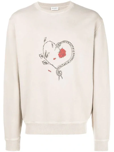 Saint Laurent Heart Rose-print Cotton-jersey Sweatshirt In Neutrals