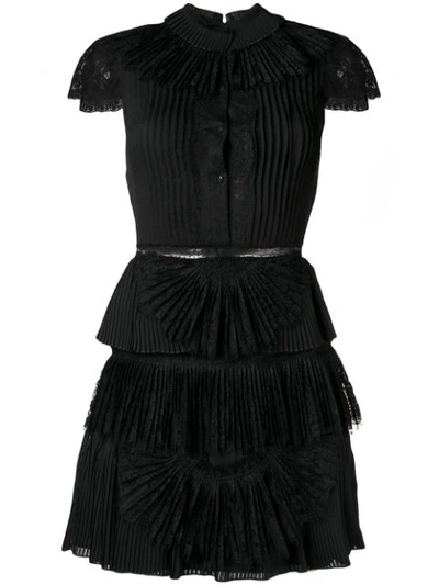 Alice And Olivia Rosetta High-neck Cap-sleeve Tiered Lace Cocktail Dress In Black