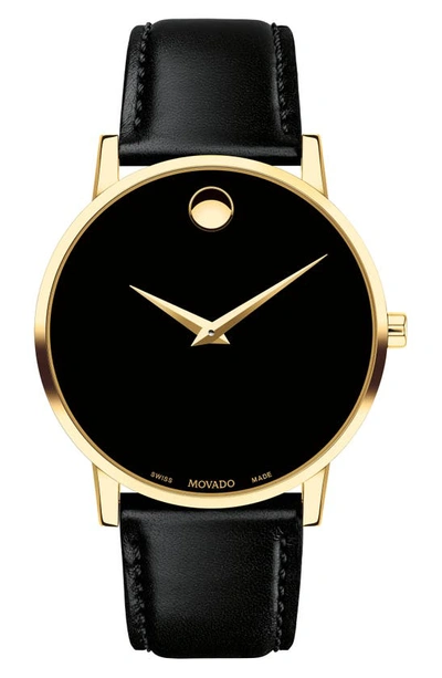 Movado Men's 40mm Ultra Slim Pvd Watch With Black Leather Strap Museum Dial In Black,gold Tone,yellow