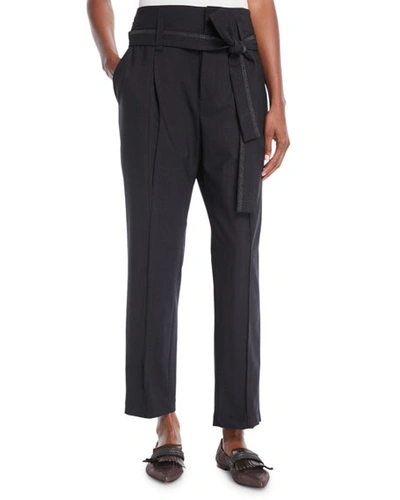 Brunello Cucinelli Paperbag-waist Lightweight-wool Straight-leg Pants W/ Wrap Self Belt In Gray