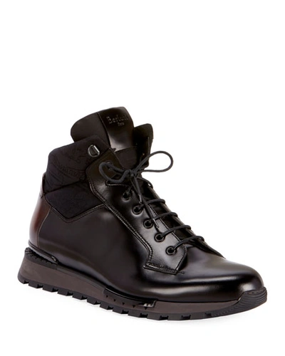 Berluti Men's Glazed Calf Leather Hiking Boots In Black