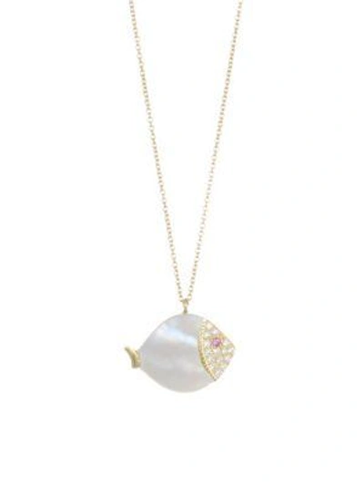 Nayla Arida Women's 18k Yellow Gold Carved White Mother-of-pearl, White Diamonds, Pink Sapphire Large Fish Neckl