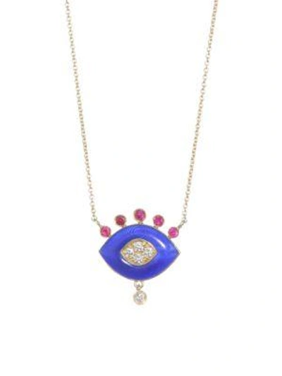 Nayla Arida Women's 18k Yellow Gold Dark Blue Enamel, Ruby & White Diamonds Eye Pendant Necklace