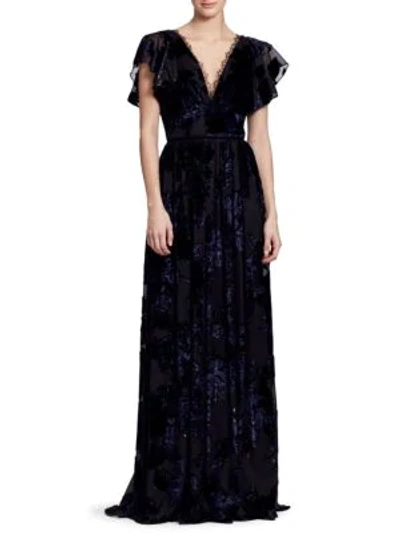 Marchesa Notte Velvet Lace Gown In Black
