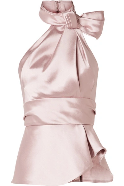 Brandon Maxwell Bow-embellished Satin-twill Halterneck Top In Rose