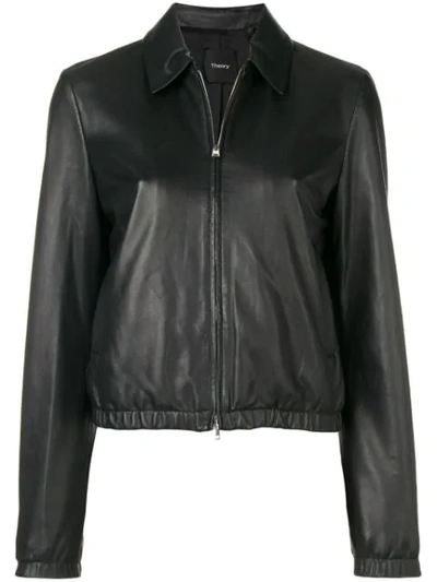 Theory Cropped Leather Zip-front Bomber Jacket In Black