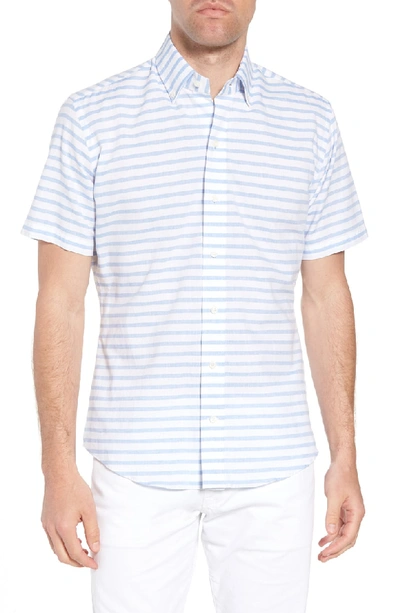 Ledbury Gunnin Stripe Slim Fit Cotton & Linen Sport Shirt In Blue