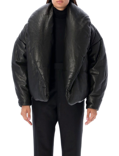 Saint Laurent Cassandre Leather Puffer Jacket In Black