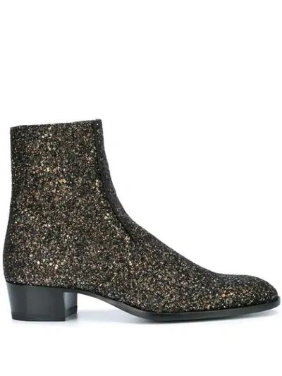 Saint Laurent Wyatt Zippered Boots In Glitter In Black