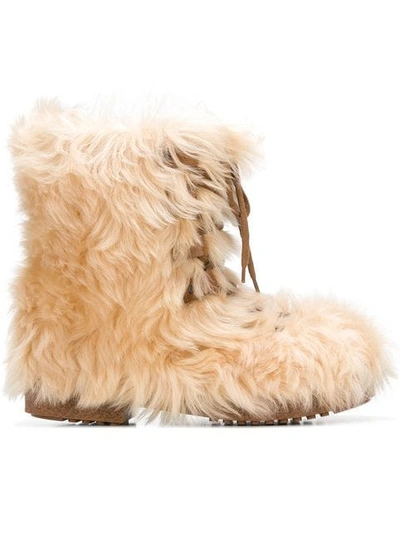 Saint Laurent Furry Boot In Lambskin With Leather Laces In Brown