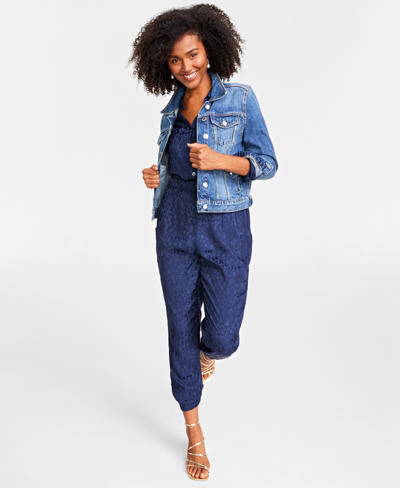 On 34th Womens Classic Denim Trucker Jacket Animal Print Jacquard Jumpsuit Created For Macys In Dark Wash