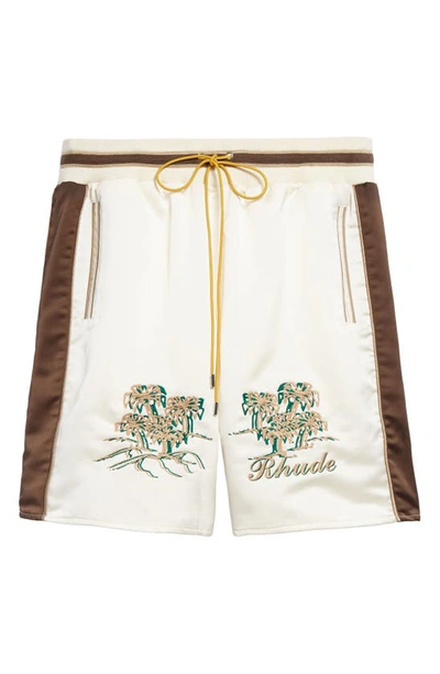 Rhude Straight-leg Logo-embroidered Striped Satin Shorts In Ivory And Brown