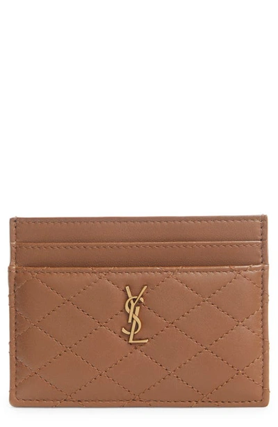 Saint Laurent Quilted Leather Card Case In Ginger Brown