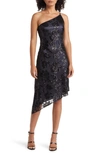 Alex & Eve One Shoulder Sequin Asymmetric Dress In Black/gunmetal