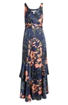 Hutch Bax Burnout Tiered Gown In Navy Three Tone Floral