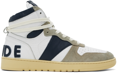 Rhude Rhecess Colour-block Distressed Suede-timmed Leather High-top Trainers In Navy Creme White