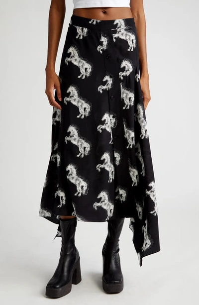 Stella Mccartney Pixel Horse Print Handkerchief Hem Silk Skirt In Black