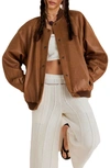 Free People Wild Rose Faux Leather Bomber Jacket In Chestnut Combo
