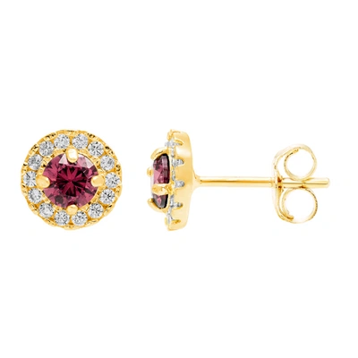 A & M 14k Yellow Gold 8mm Cz Halo Stud Earrings, With Pushback, Women's, Unisex In Pink