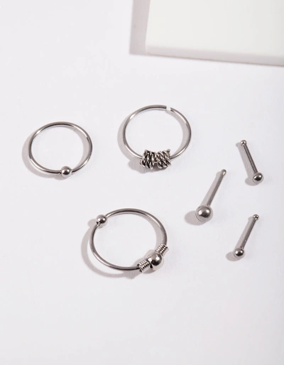 Lovisa Rhodium Surgical Steel Ring & Bead Nose Pack In Silver