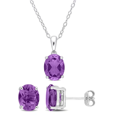Mimi & Max 6 Ct Tgw Oval Amethyst 2-piece Solitaire Pendant With Chain And Stud Earrings Set In Sterling Silver In Purple