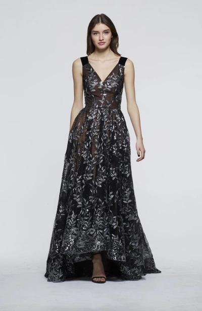 David Meister Fall 2018  Floral Sleeveless Evening Gown In Black/silver