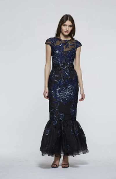 David Meister Cap Sleeve Floral Embroidered Evening Gown