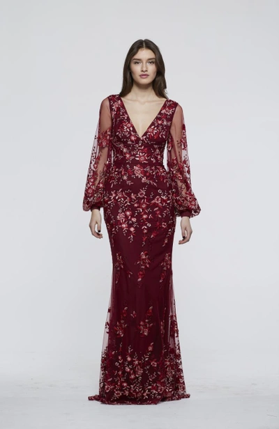 David Meister Fall 2018  Long Sleeve V Neck Evening Gown In Red Multi