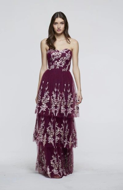 David Meister Fall 2018  Strapless Evening Gown In Plum Multi
