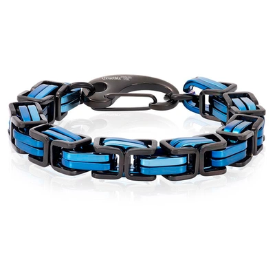 Crucible Jewelry Crucible Los Angeles Blue/black Stainless Steel Byzantine Chain Bracelet 11mm Wide - 10"