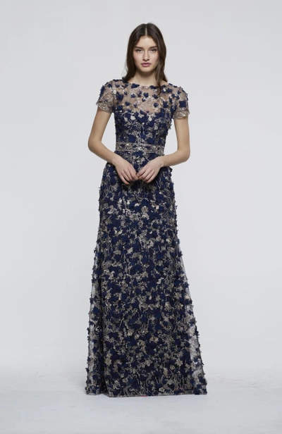 David Meister Fall 2018  Short Sleeve Evening Gown In Navy