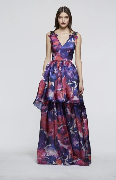 David Meister Fall 2018  Sleeveless Evening Gown In Pink Multi