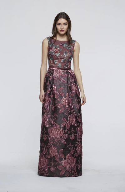 David Meister Fall 2018  Floral Sleeveless Evening Gown In Plum Multi
