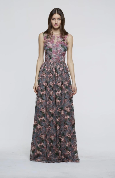 David Meister Fall 2018  Floral Sleeveless Evening Gown In Pink Multi