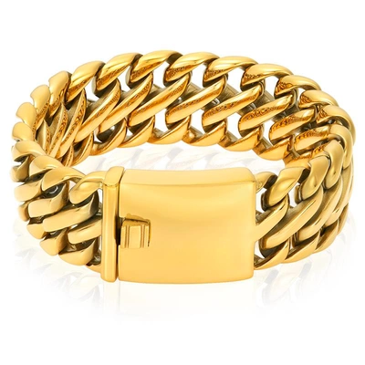 Crucible Jewelry Crucible Los Angeles Stainless Steel Fancy Wide Curb Link Bracelet 23mm Wide - 8.5" In Gold