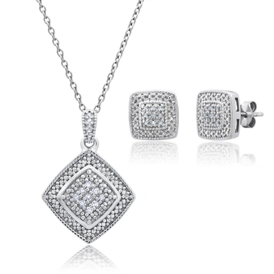 Max + Stone Genuine Diamond Cushion Pendant Necklace And Stud Earring Set In Sterling Silver, 18"