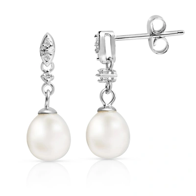 Max + Stone Freshwater Pearl & Natural Diamond Dainty Droplets Earrings In Sterling Silver