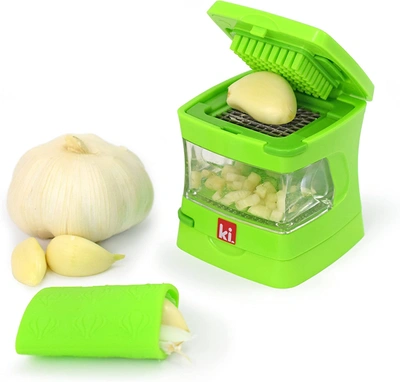 Kitchen Innovations Garlic-a-peel Garlic Press, Crusher, Cutter, Mincer, And Storage Container, Green