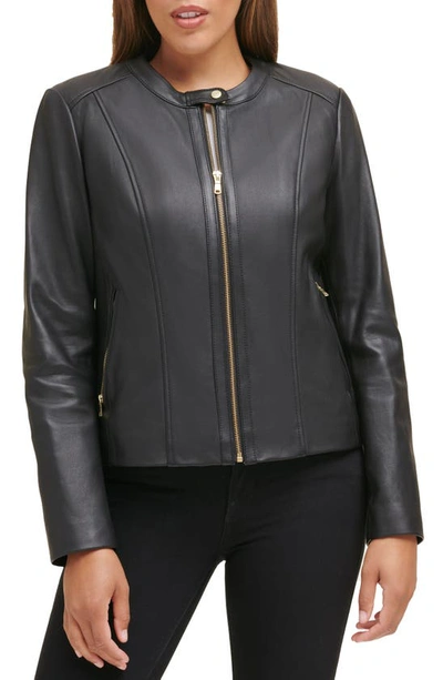 Cole Haan Collarless Leather Jacket In Black