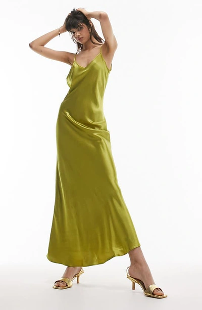 Topshop Satin Maxi Slipdress In Light Green